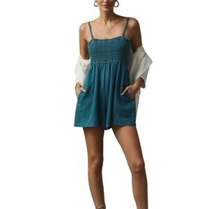 Pilcro Linen Romper Teal Blue Smocked Pullover Pocket Spaghetti Sleeveless Sz S